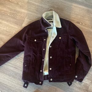 Men’s Denim & Flower Red Maroon Stylish Jacket Button Up M|40 Denim & White Fur